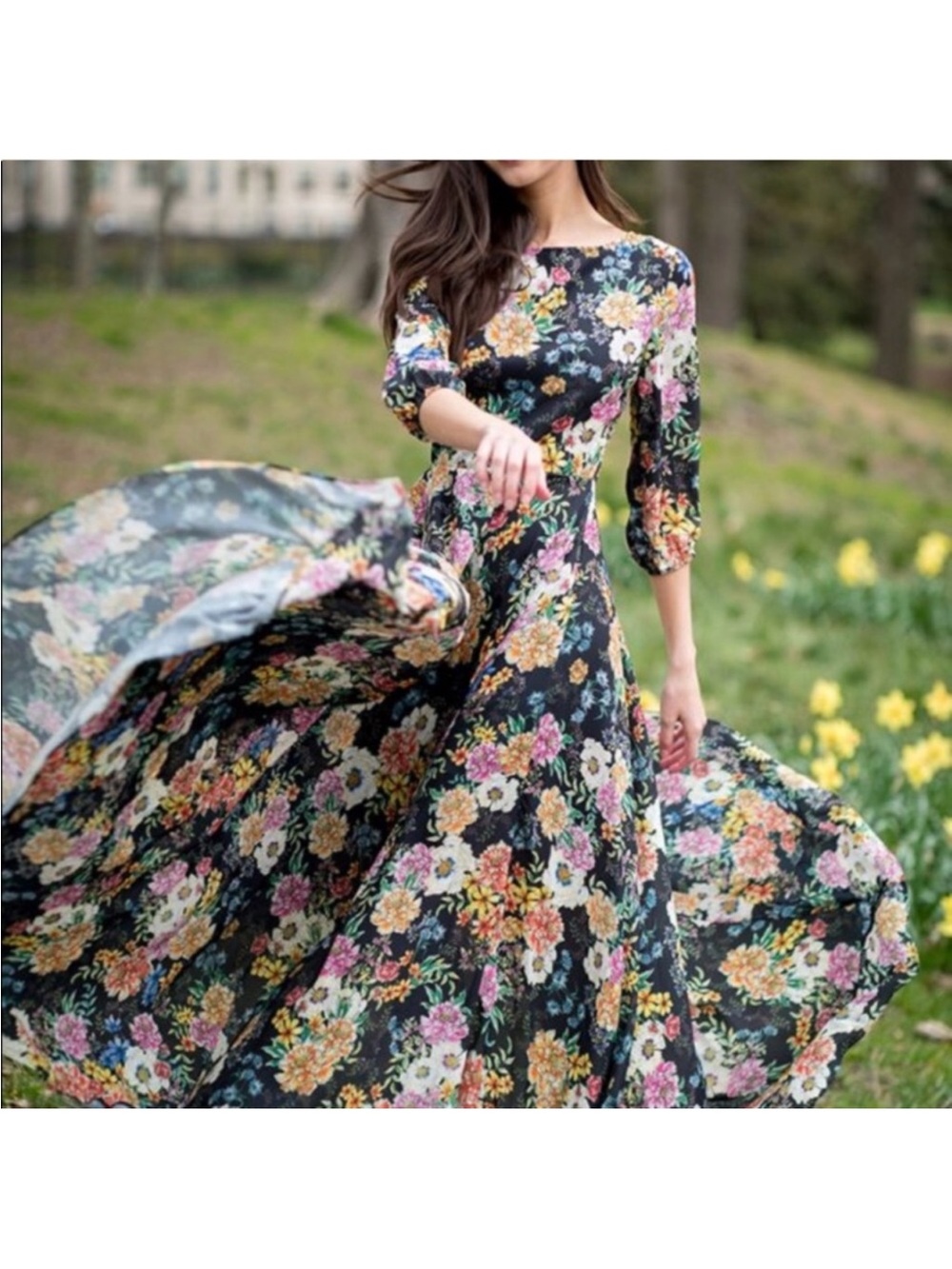 Yumi Kim Woodstock Black Floral  Maxi Dress with 3/4 Sleeves  size XXS